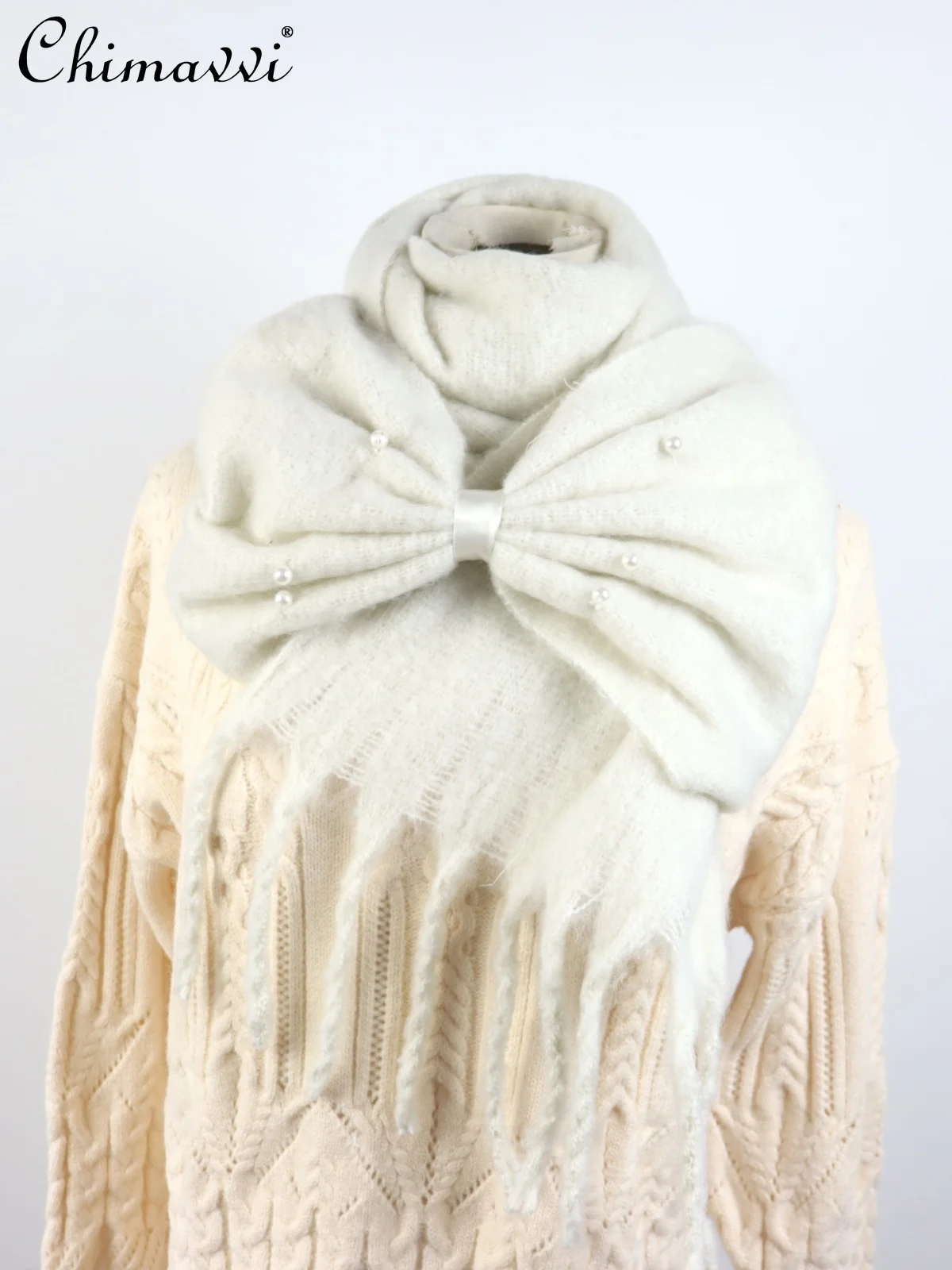 オフホワイト スカーフ 秋と冬 和風 甘いリボン 冬 暖かい かわいい 女の子 多用途 エレガント 暖かい 女性用ショール