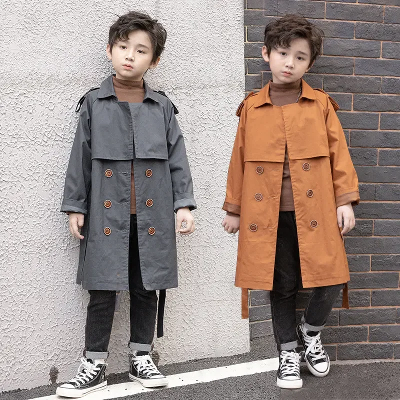 Vintage Trench Coat Baby Boys Windproof Jacket British Double Breasted Windbreaker with Waistbelt Turn-Down Collar Kids Clothes