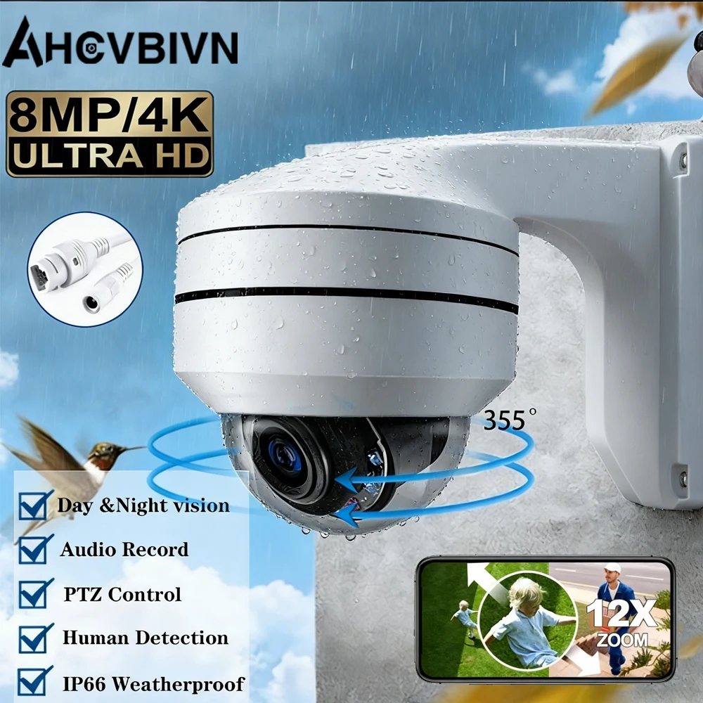 

8MP PTZ POE Camera 12X Optical Zoom Ai Human Detection Alarm Vechicle Detection Night Vision Video Surveillance CCTV Camera