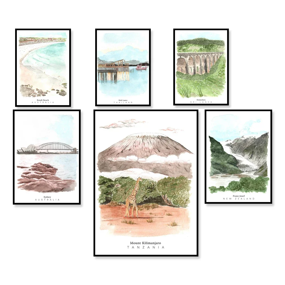 

Koh Lanta Old Town, Thailand, Mount Kilimanjaro Tanzania, Franz Josef Glacier, Demodara Nine Arch Bridge Watercolor Travel Poste