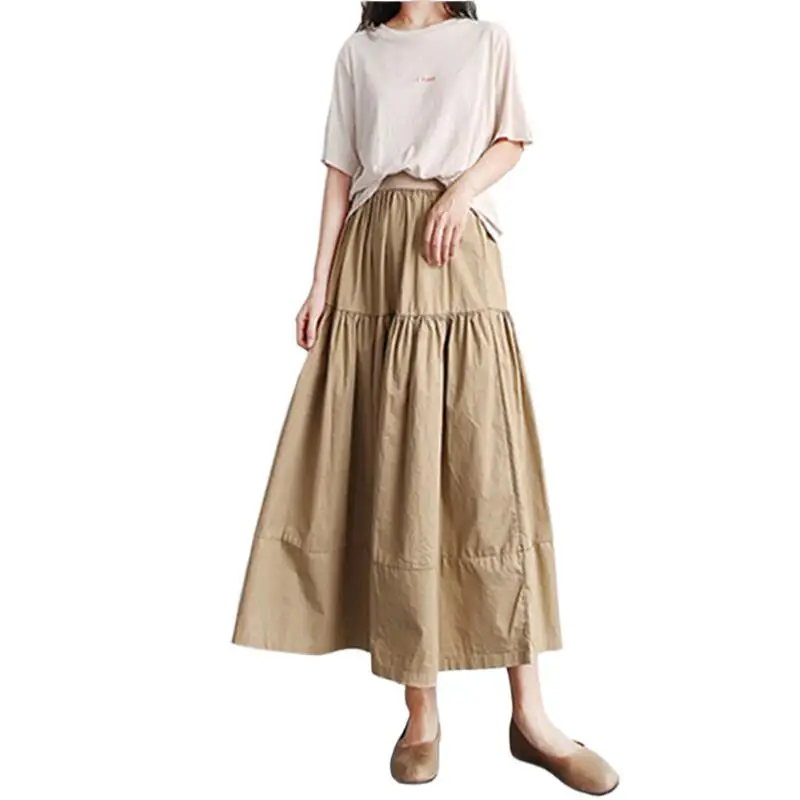 

Women Summer Fashion Long Skirts Spring Autumn Female A-line Maxi Skirts Solid Color Vintage Loose Skirts Plus Size Vestidos