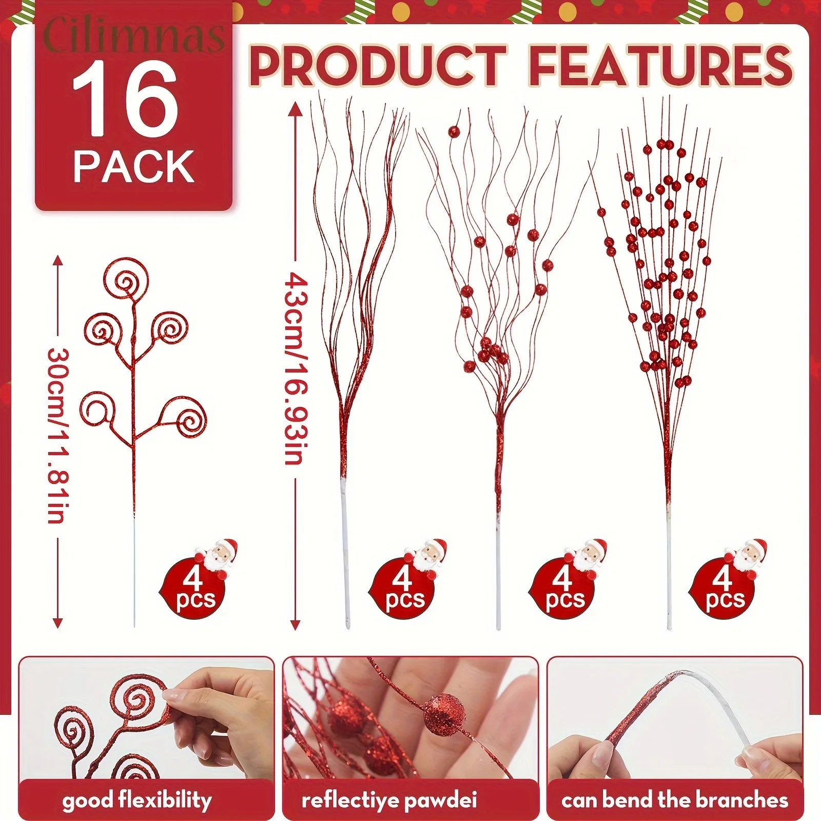 8/16 Stück glitzernde künstliche Blumen, Beerenstrauß, Weihnachtsbaumschmuck für Zuhause, Raumdekoration, Neujahr 2026, DIY-Geschenkzubehör – Detail 9