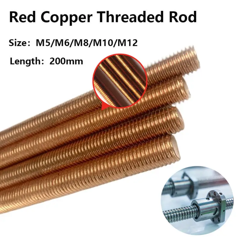 1Pcs T2 Coppers Full Threaded Rod Bolt M5 M6 M8 M10 M12 Length 200mm Fullys Metric Headless Bolt Thread Stud Rods Screws