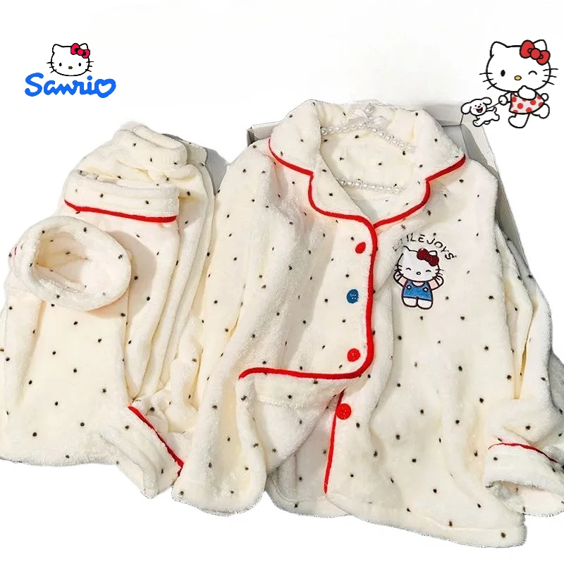 

Hello Kitty cartoon cute loungewear Kawaii girls autumn and winter warm coral fleece pajamas long sleeve and long trousers gift
