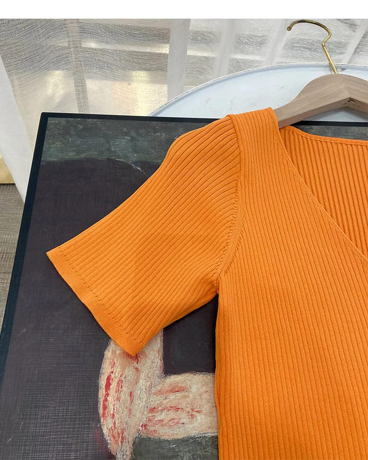 Orange top hollowed out daisy button knitted sweater for women V-neck slim fit short sleeved T-shirt thin style 2024 summer