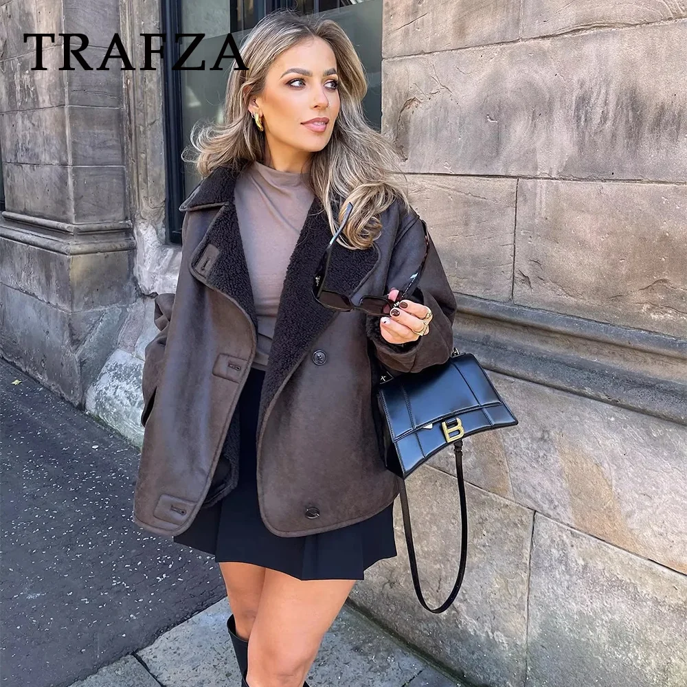 TRAFZA 2023 Autum Winter Vintage Woman Leather Coats Loose Fur Women Jacket Single Breasted Pocket Thick Casual Jackets Parkas