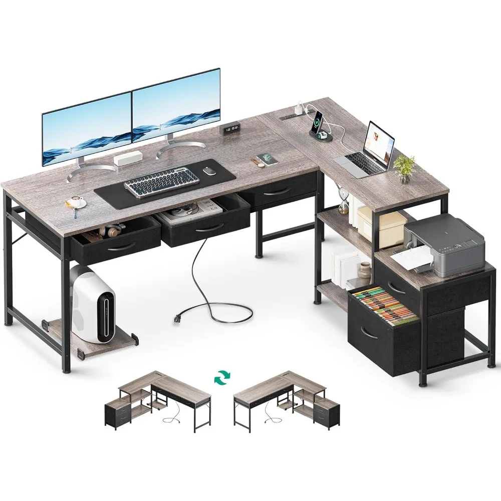 

L Shaped Desk, with 5 Drawers and Storage Shelves, 61" Home Office Desk with Power Outlets & Host Stand, Corner Gaming Desk