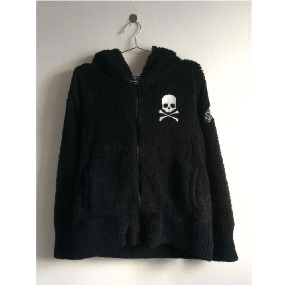 Y2K Aesthetic Skull Graphic Zip-Up Hoodies Plush Jacket Women Autumn Winter Zipper Fleece Coat for Halloween Goth Streetwear