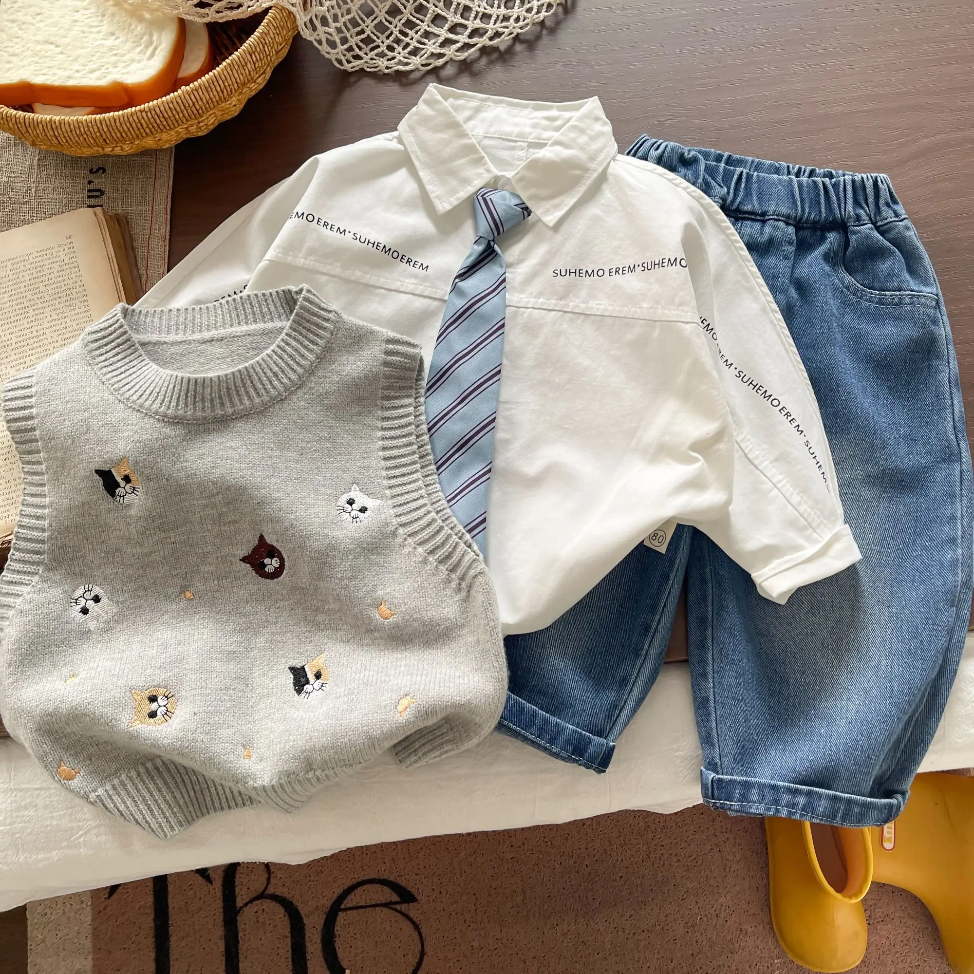 3PCS set Spring Autumn Boy Clothing set Knit vest+Shirts Tie+Pant Kid Children baby toddler boy korea designer clothes 2-10 yrs