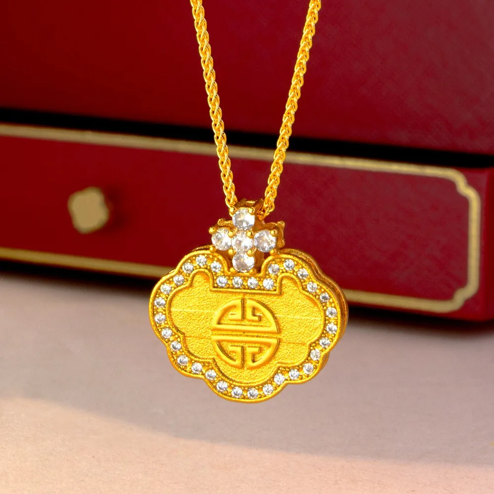 Point drill Ruyi Fu word lock pendant female style retro all match necklace pendant 9999gold