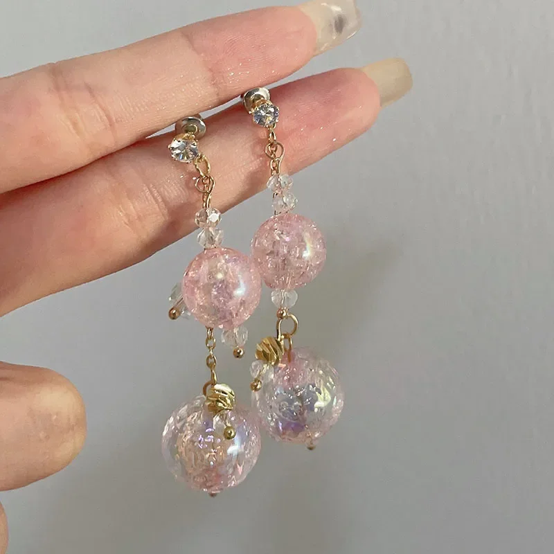 Dreamy Colorful Crystal Bead Earrings for Women Peach Pink Fantasy Shiny Rhinestone Glass Ball Long Clip on Earrings No Piercing