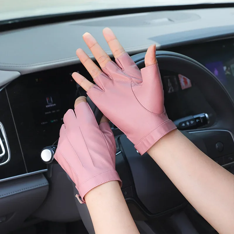 Multiple Colors Female Half Finger Leather Gloves Simple Fashion Girl Fitness Bike Riding Racing Non-slip Women Driving Gloves