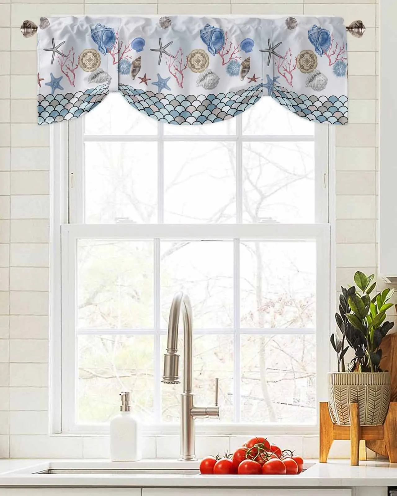 Ocean Shell Starfish Fish Scales Window Curtain Living Room Kitchen Cabinet Tie-up Valance Curtain Rod Pocket Valance