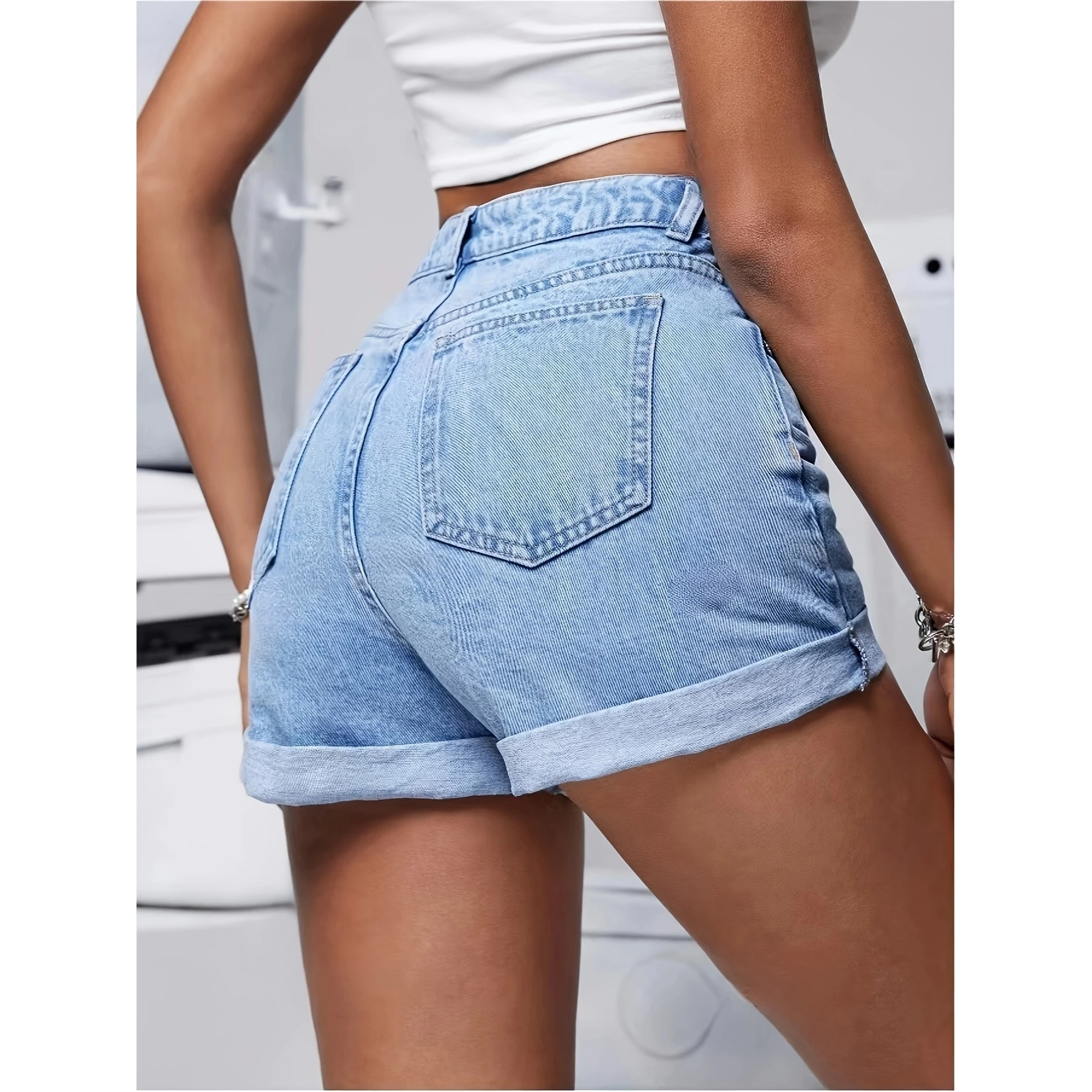 High Waist Straight Leg  Color Denim Cuffed Shorts Casual Summer Women's Fashion European Style Loose Fit  Fabric