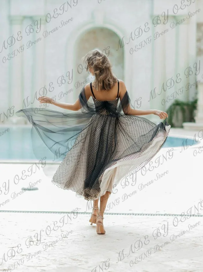 OEING Vintage Black Prom Dresses Sweetheart Wave Point Tea Length Tulle Tiered Evening Gown Vestidos De Noche Elegant Dress