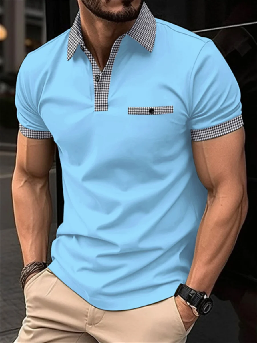 

Tiki Men's Short Sleeved POLO Shirt Patchwork Plaid Button Sports Leisure Discount Flash Sales