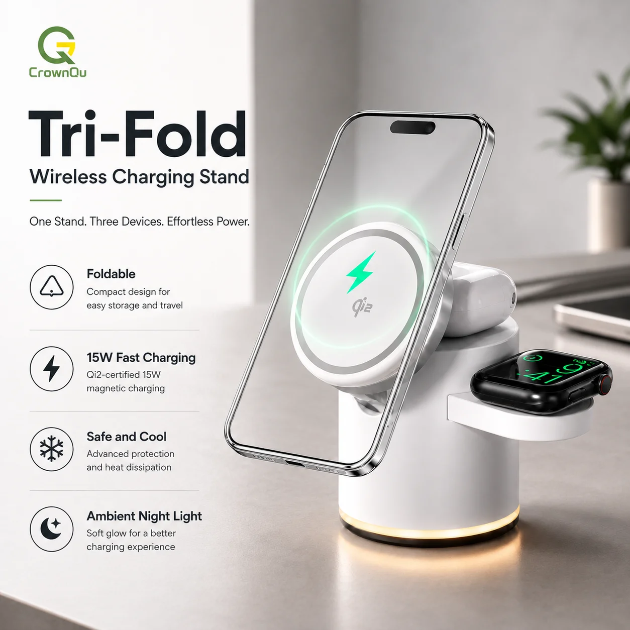 Carregador Sem Fio 3 em 1 Qi2: Estação de Carregamento Rápido Dobrável para iPhone 17 16 15 Pro Max, AirPods e Apple Watch - Suporte de Mesa