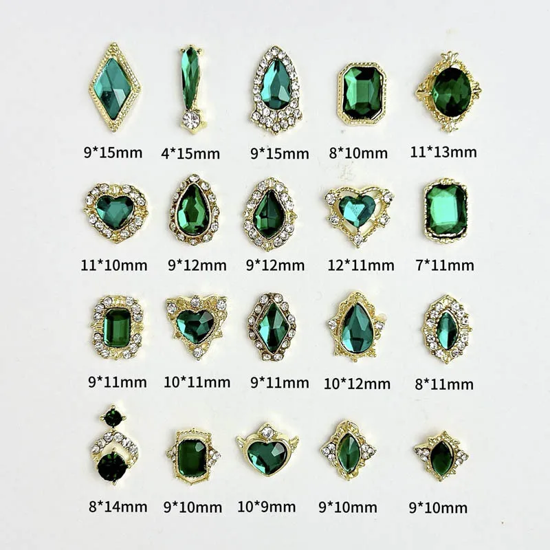 

20 шт. 3D металлический сплав геометрические украшения для дизайна ногтей сверкающие темно-зеленые стеклянные стразы инкрустированные подвески для ногтей для поделок ногтей своими руками