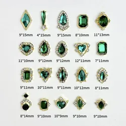 20PCS 3D Metal Alloy Geometric Nail Art Decoration Sparkling Dark Green Glass Rhinestones Inlaid Nail Charms for DIY Nail Crafts
