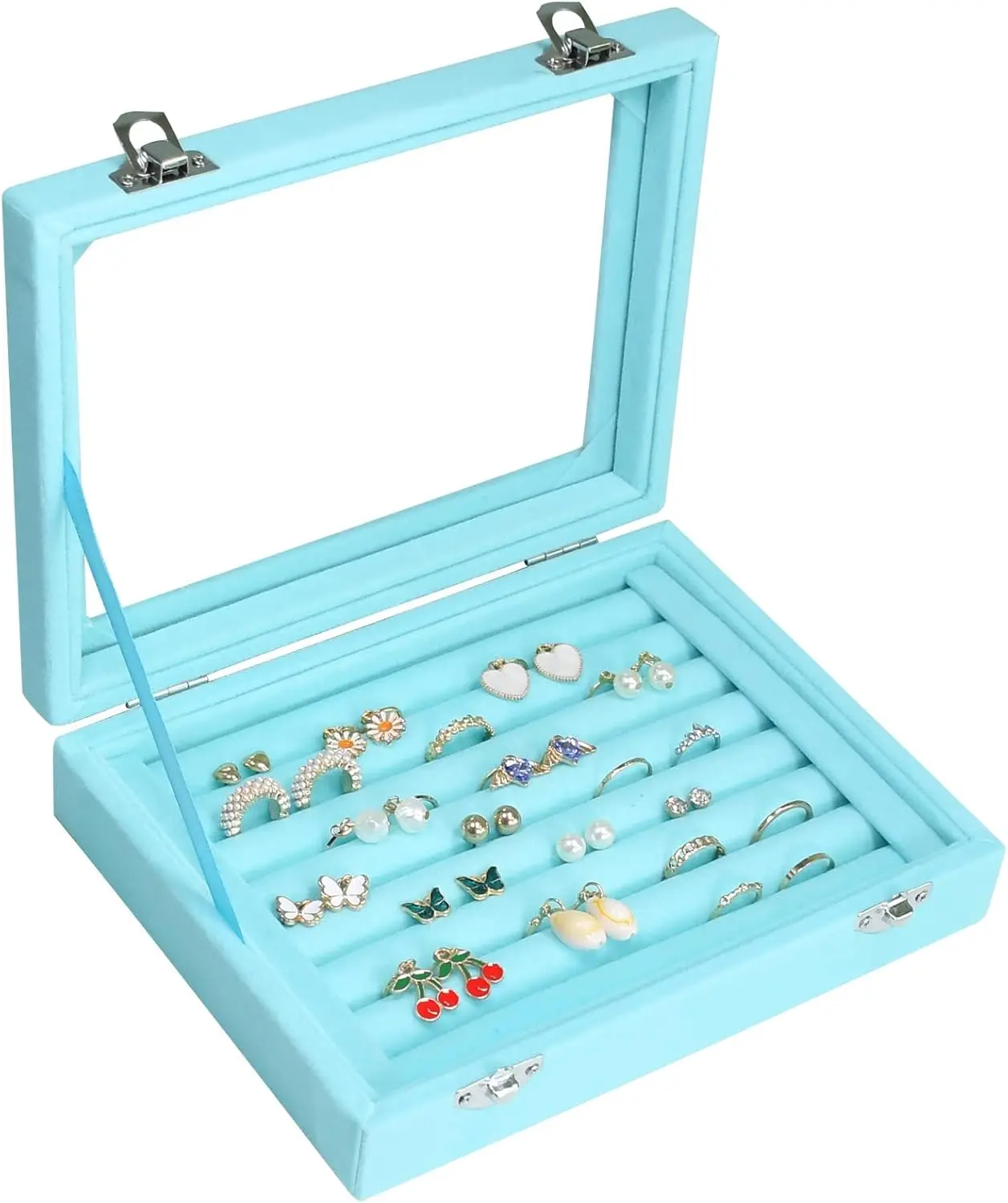 

Rings Organizer Tray 7 Slots Velvet Jewelry Earring Storage Box with Transparent lid Jewelry Display Case for Girls Wife Mom Women (Light Blue)