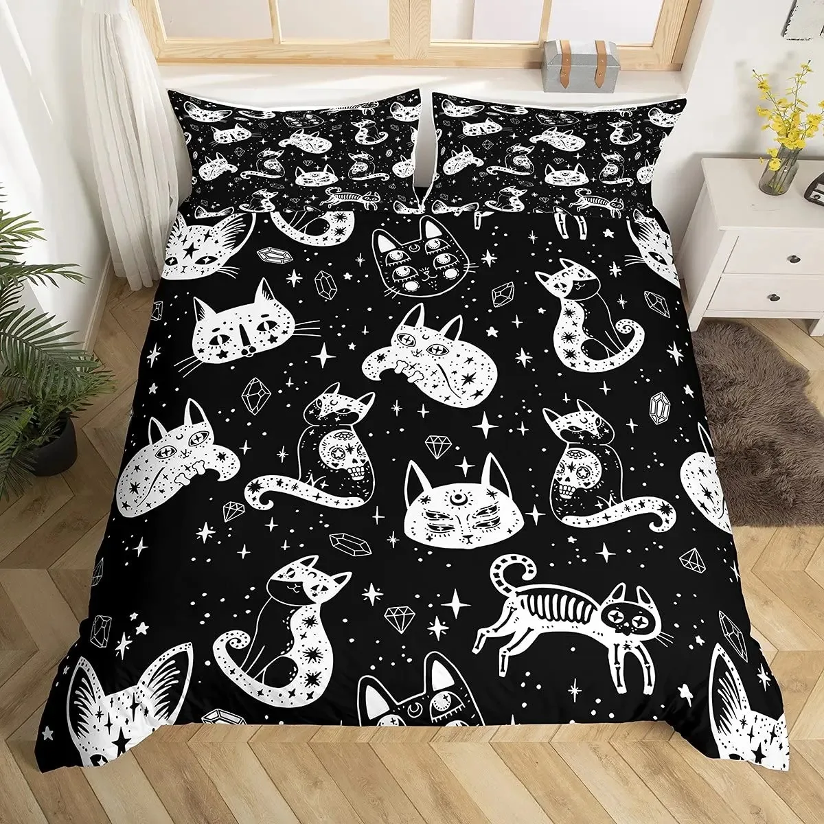 

Cat Skeleton Duvet Cover Set Full Queen,Halloween Gothic Skull Bedding Set Black＆White Galaxy Comforter Cover Quilt Cover