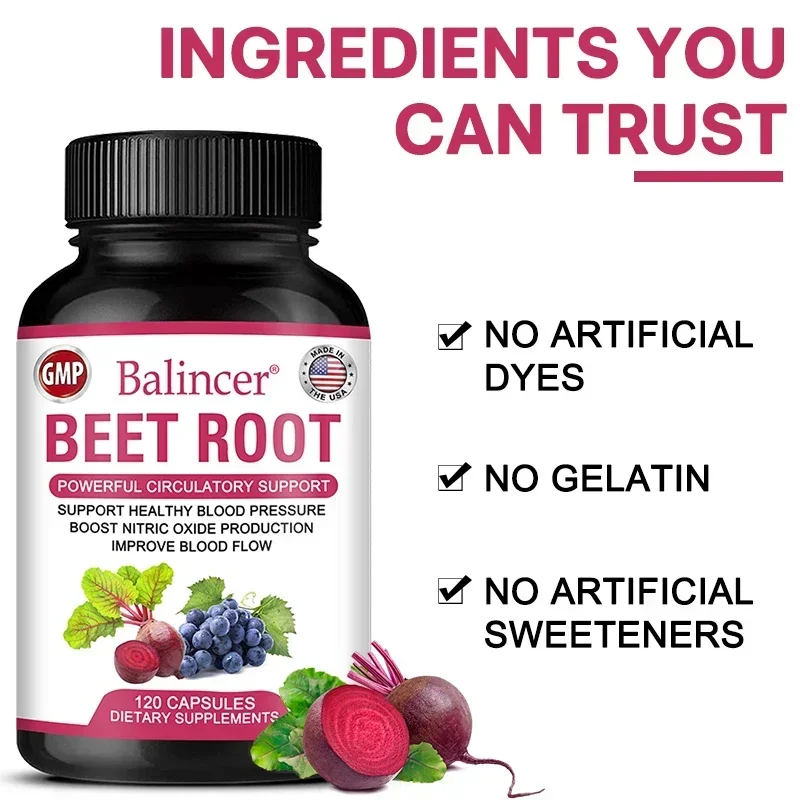 Beetroot Capsules Organic Beetroot Powder Extract + Black Pepper Nitric Oxide Production Blood Circulation Blood Pressure Health