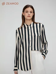 ZEAMOD  Womens 100% Silk Shirt Ladies Blue White Pinstripes Blouse with V Neck and Long Sleeve Work Casual All Season