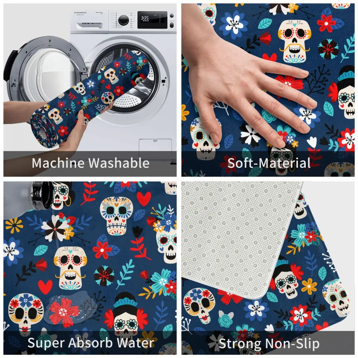 Day Of The Dead Dia De Los Muertos Mexican Festival Bathroom Rug Absorbent Doormat Mexico Sugar Skulls Bath Mat for Tub Shower