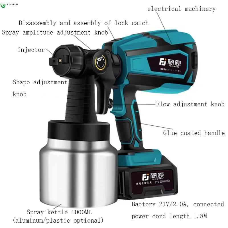 Pistola a spruzzo elettrica senza fili da 1000 ml Disinfezione domestica Sterilizzazione Spruzzatore di vernice portatile