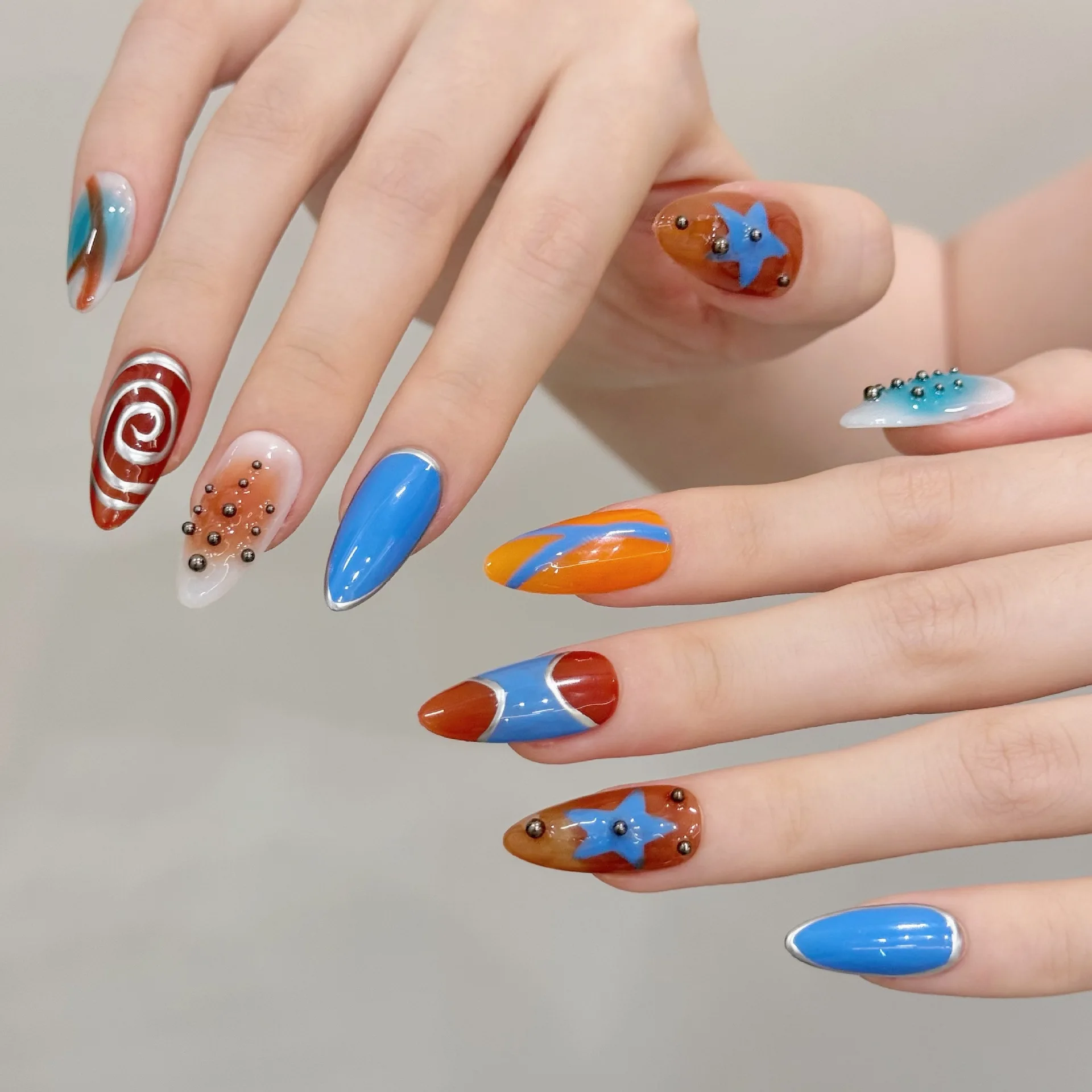 10 peças de luxo artesanal imprensa em unhas design estilo linha de amêndoa com ferramenta de 3 peças abas adesivas de cola para unhas