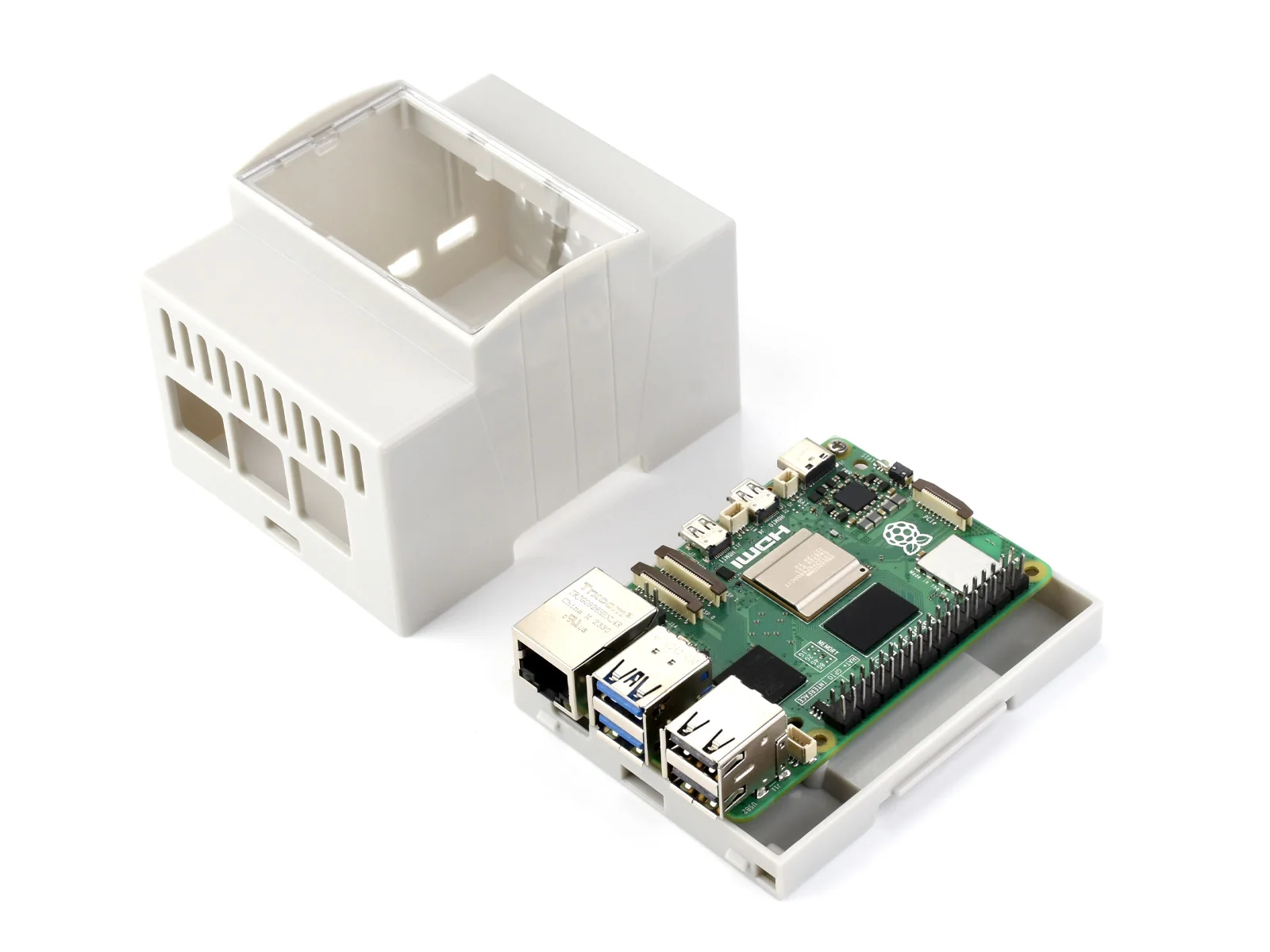 Waveshare DIN rail ABS Case for Raspberry Pi 5, large Inner Space, Injection Moduling ABS Body With Rail Mount Support