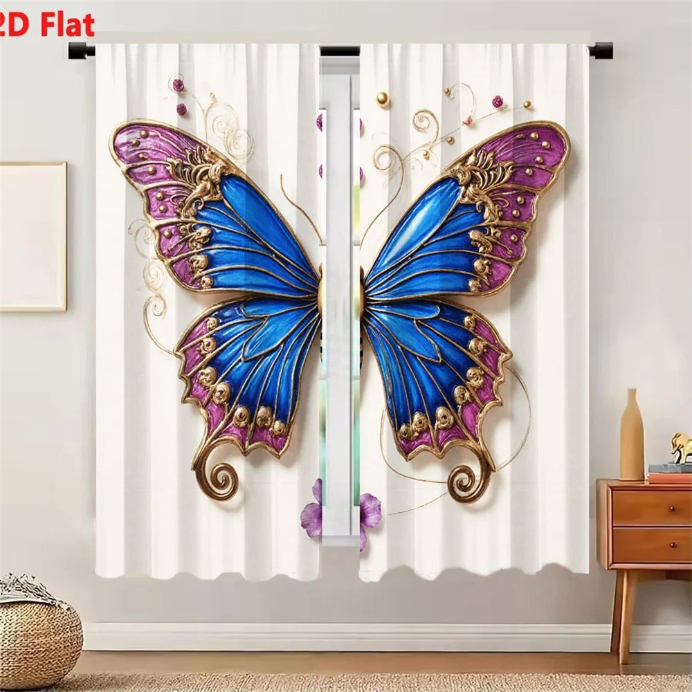 2Pcs Curtains 2D Flat Ornate Decorative Butterfly Design With Blue Wings Gold Detailing Purple Hues Filigree Beads And Purple Fl