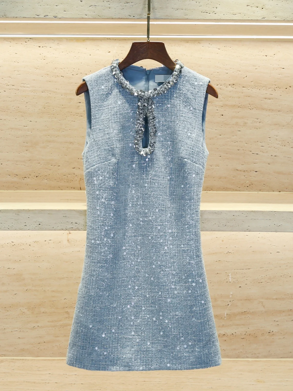 

Spring Women's High Waist A-Line Dr Hollow out Sequin Heavy Embroidery Svel Tweed Skirt Commute Sle round Ne