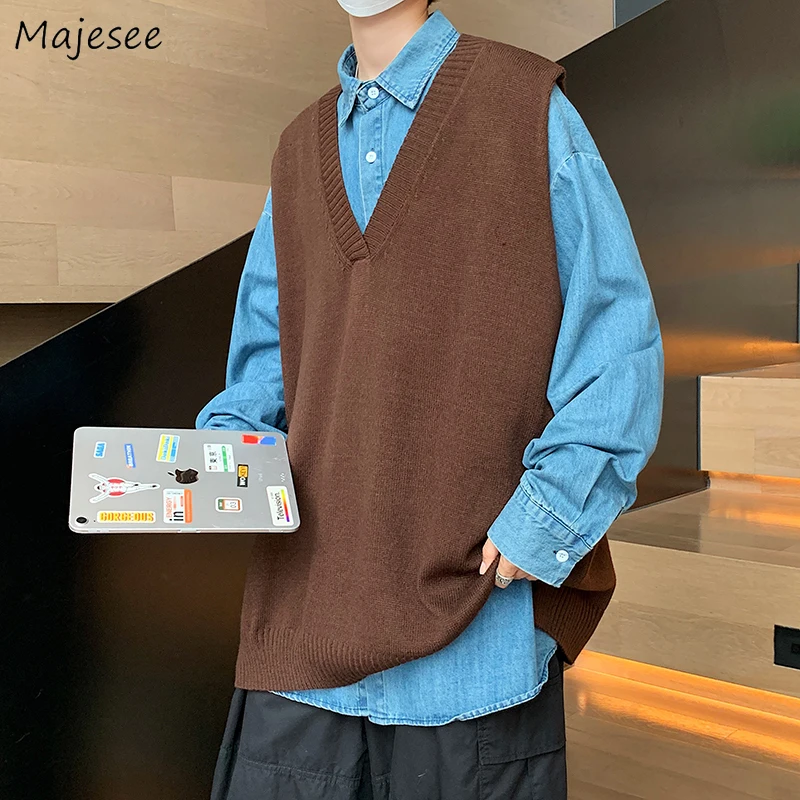 Sweater Vest Men V-neck Loose All-match Solid Simple Korean Style College Couples Popular Spring New Soft Fashion Knitted Design