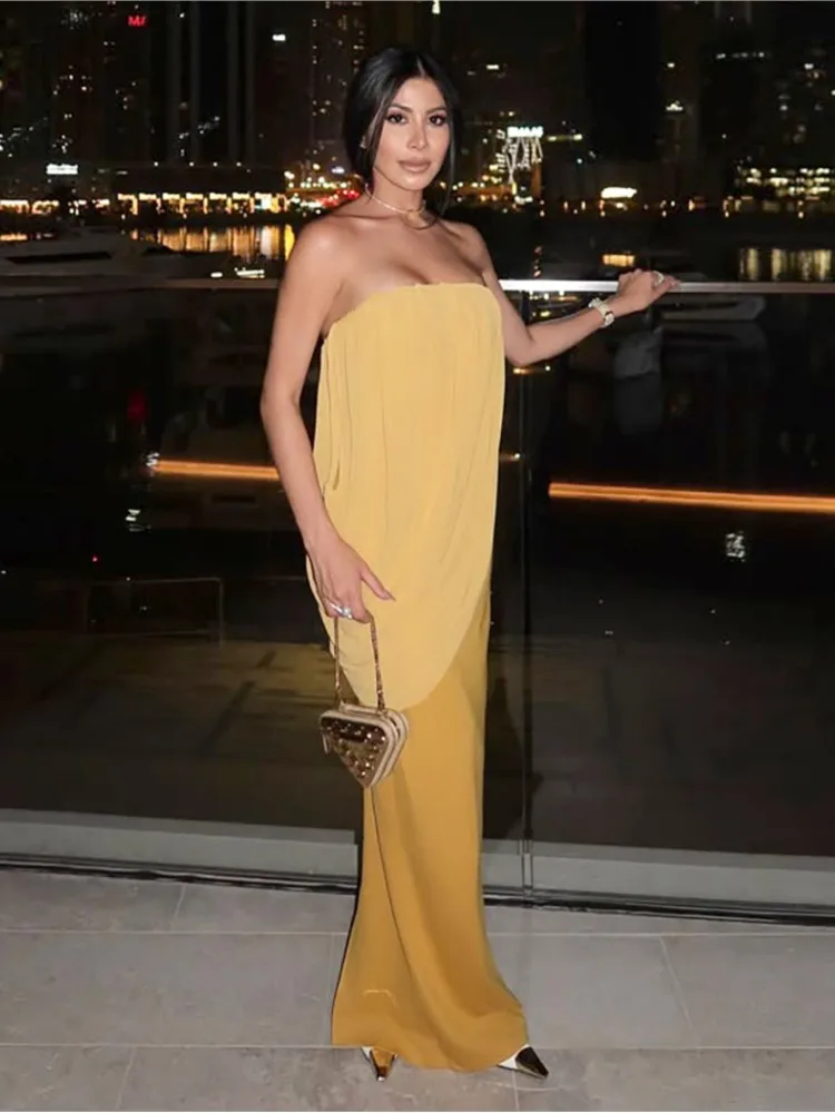 Mouwloze Ruches Patchwork Strapless Bodycon Maxi Jurk Vrouwen Sexy Backless Splice Outfit Party Clubwear Voor Jurken 2025