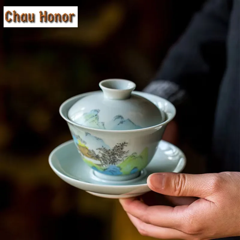 

140ml Boutique Antique Glaze Ceramics Pure Hand-painted Ceramics Sancai Gaiwan Handmade Household Kung Fu Teaset Tea Ceremony