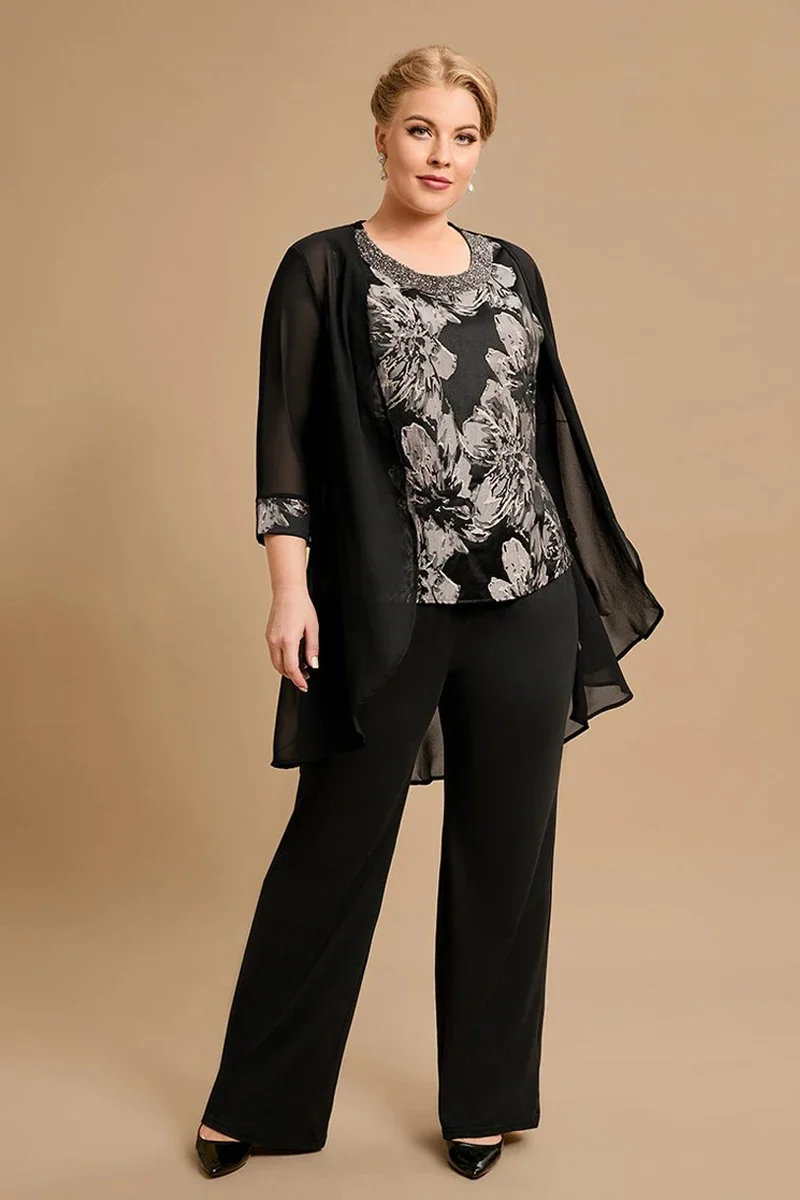 Plus Size Fashionable Women\'s Suit Vest Jacket and Pants Bride Mother 3/4 Sleeve Patchwork Lace 3-Piece Pants Sets 2024