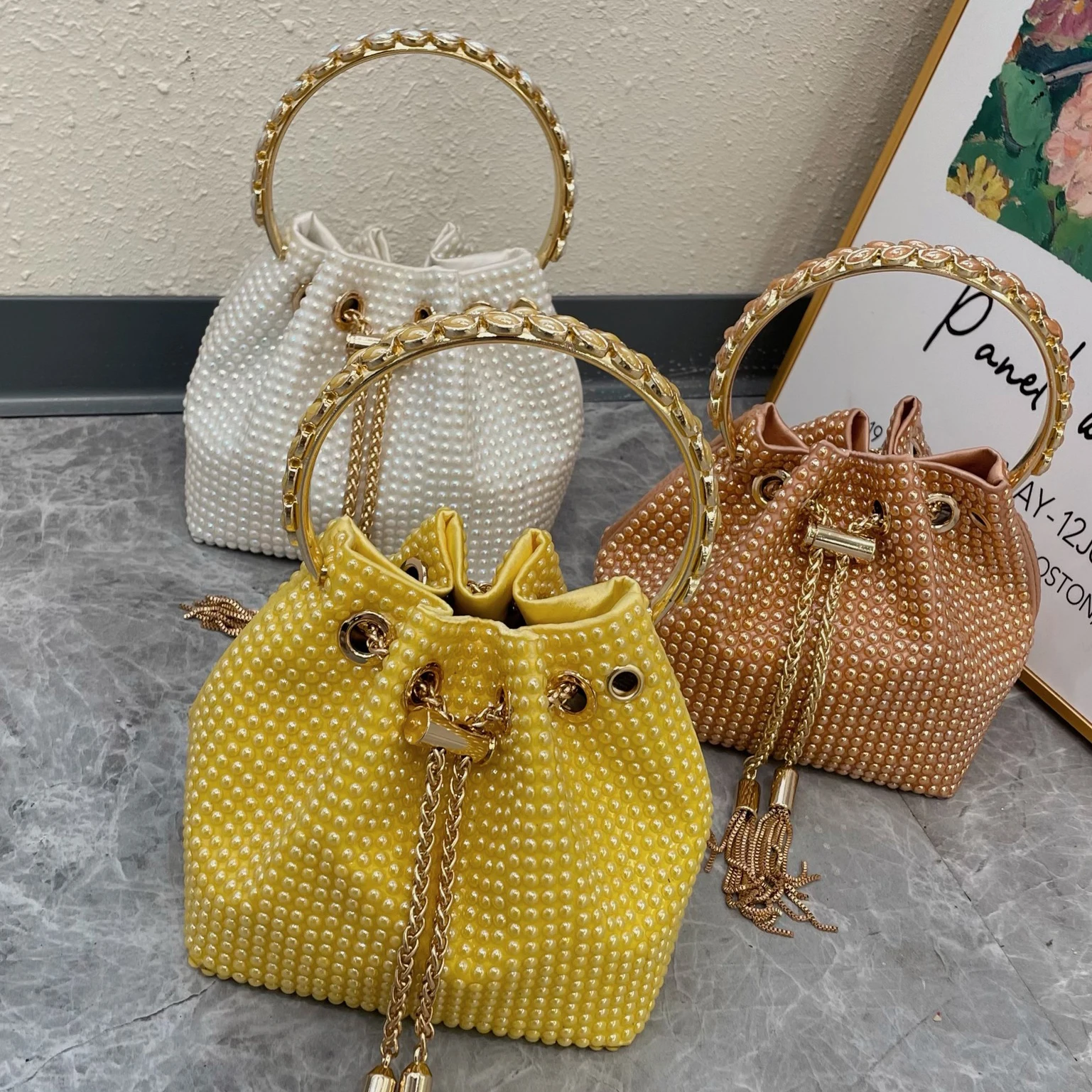 2024 New Handbag Handmade Diamond Ceramic Beads Bucket Bag Metal Sequined Tassel Shiny Candy Color Portable Messenger Bag Women