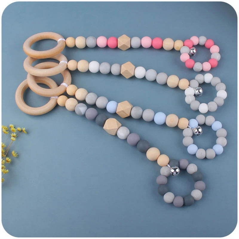 

3 Pcs/Set Baby Gym Frame Pendant Beech Wooden Ring Silicone Beads Teether Stroller Rattle Infants Newborn Teething Nursing Molar