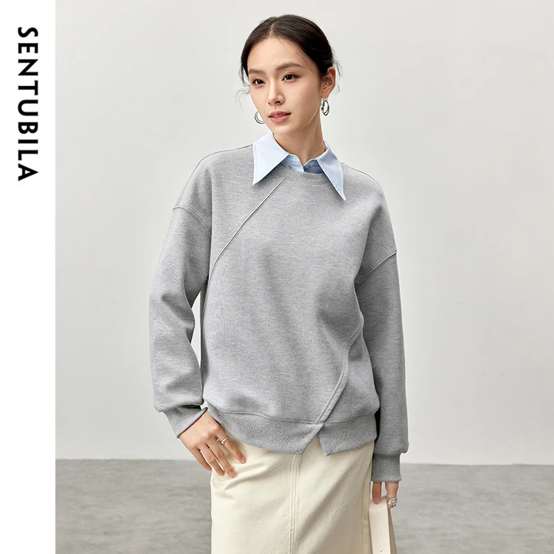 

SENTUBILA Women Casual Sweatshirts 2025 Autumn Irregular Drop Long Sleeve Cotton Knit Tops Comfortable Pullovers Woman 143A56937