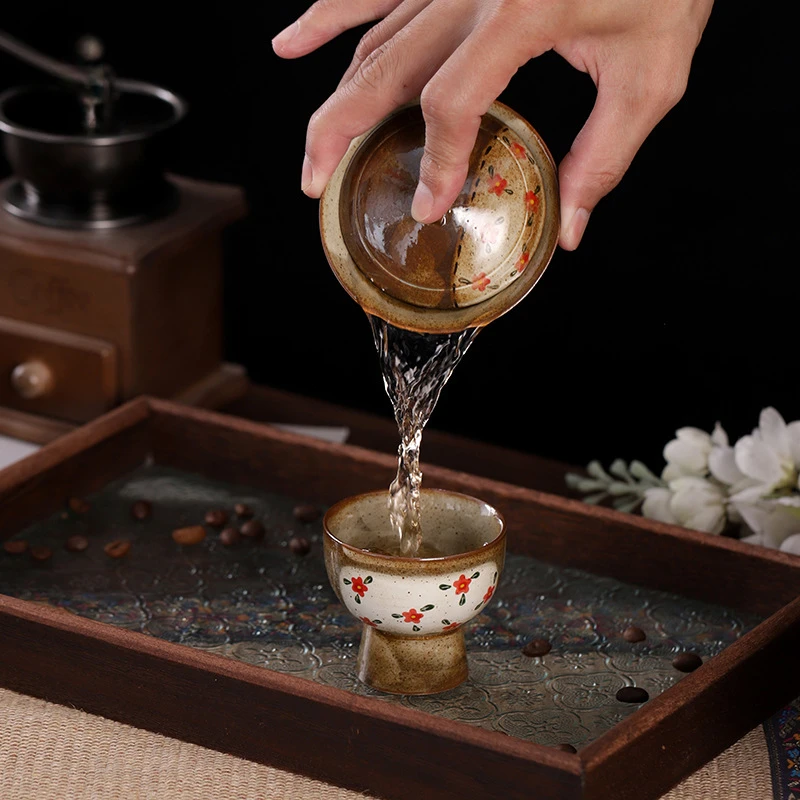 Pure Hand-painted Small Floral Firewood Fired Retro Underglaze Colored Tea Set Chinese Style Kung Fu Tea Set Tea Pot and Cup Set