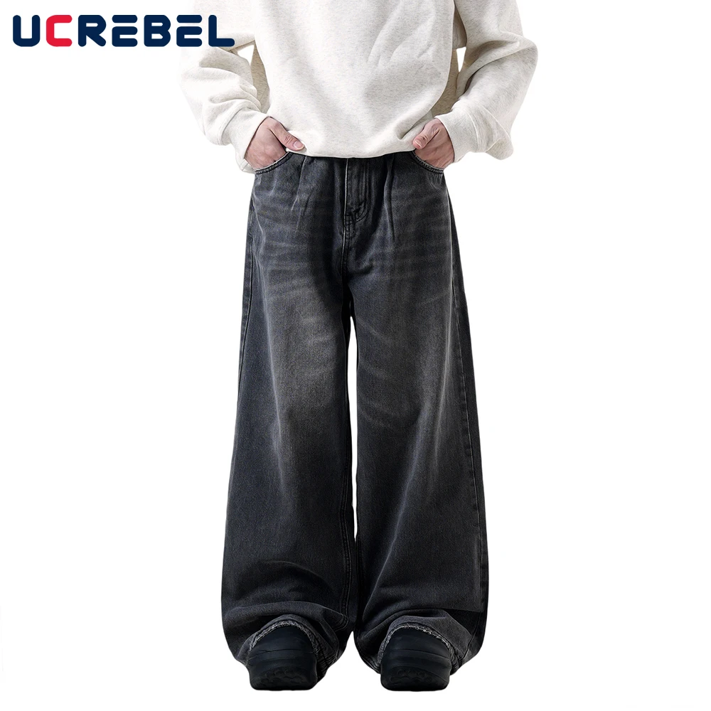 

Retro Black Gray Jeans Mens Spring Fleece Washed Distressed High Street Loose Straight Wide Leg Denim Pants Men