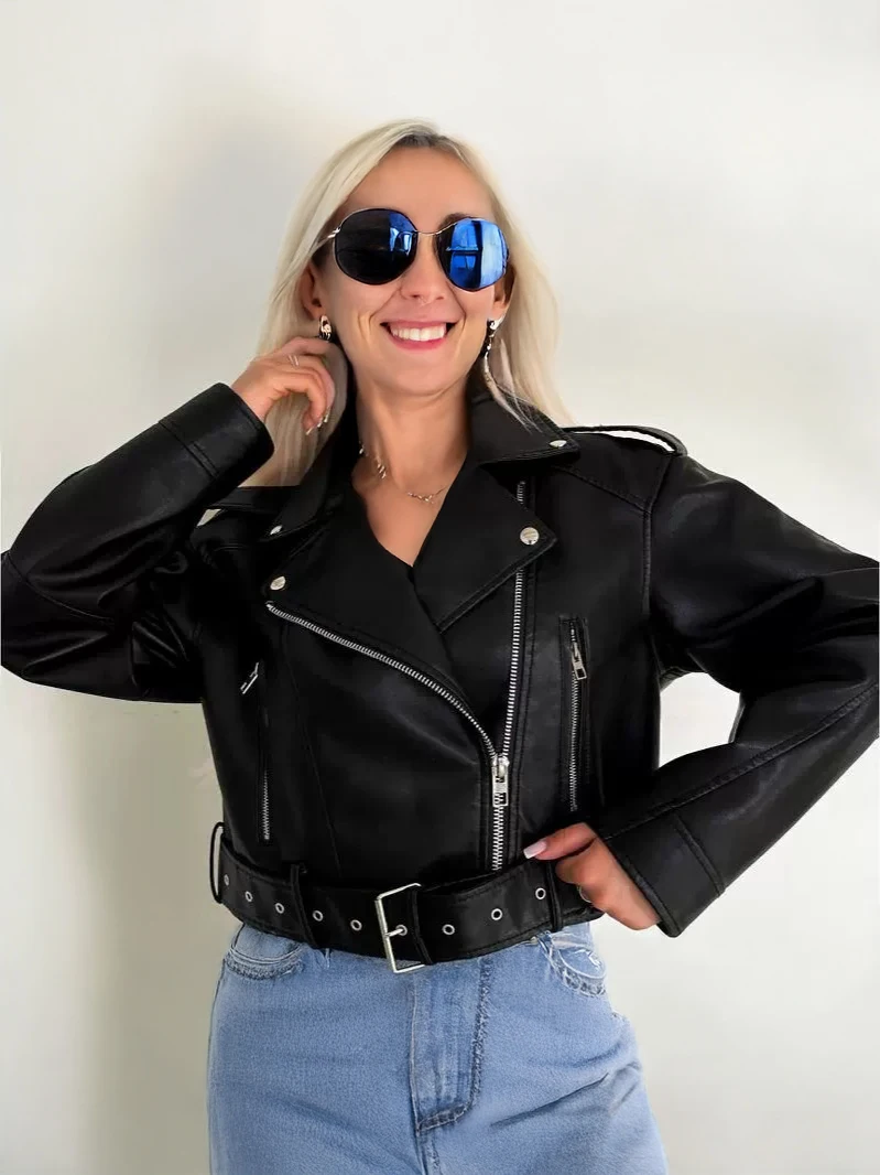 

Женская винтажная свободная короткая куртка из искусственной кожи большого размера с поясом, уличная одежда, женское пальто на молнии в стиле ретро, байкерское пальто, верхняя одежда