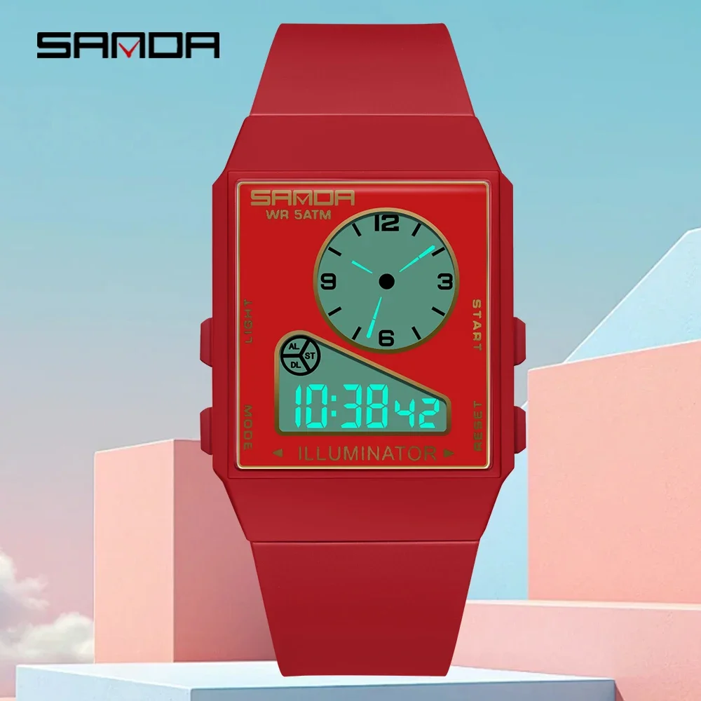 SANDA 6338 Fashion Multifunctional Electronic Men's Watch Square Lightweight Student Sports Waterproof Triple Timing Watch 2026