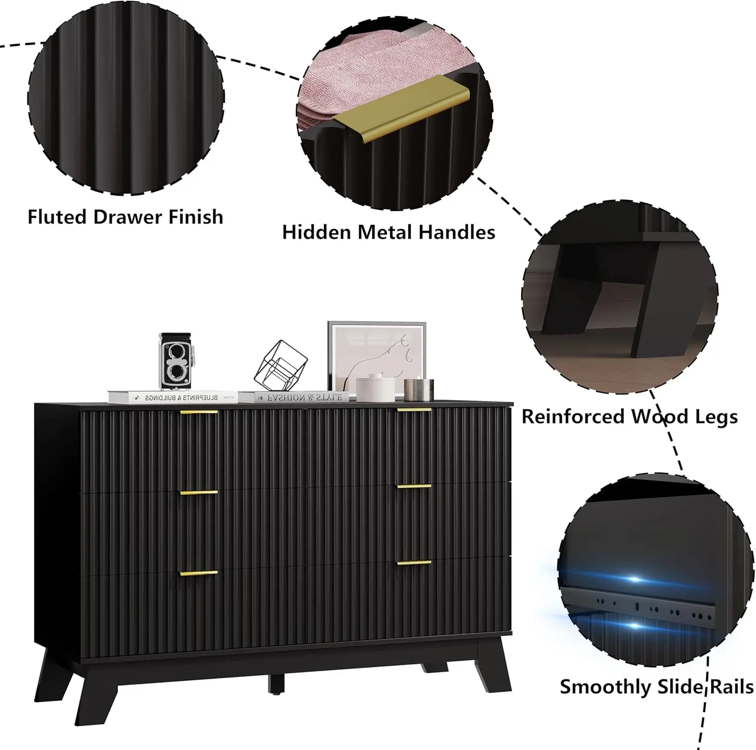 Cómoda de 6 cajones para dormitorio, cómoda estriada negra con mango dorado, madera moderna de mediados de siglo