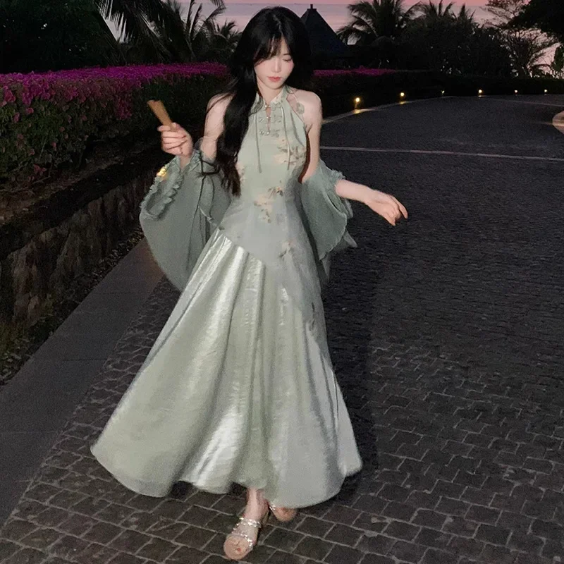 2025 الصيف الخصر المجهزة خمر الوقوف طوق بلا أكمام المرأة تنورة Greenhalter الرقبة تحسين فستان صيني 2025 جديد hanfu #5