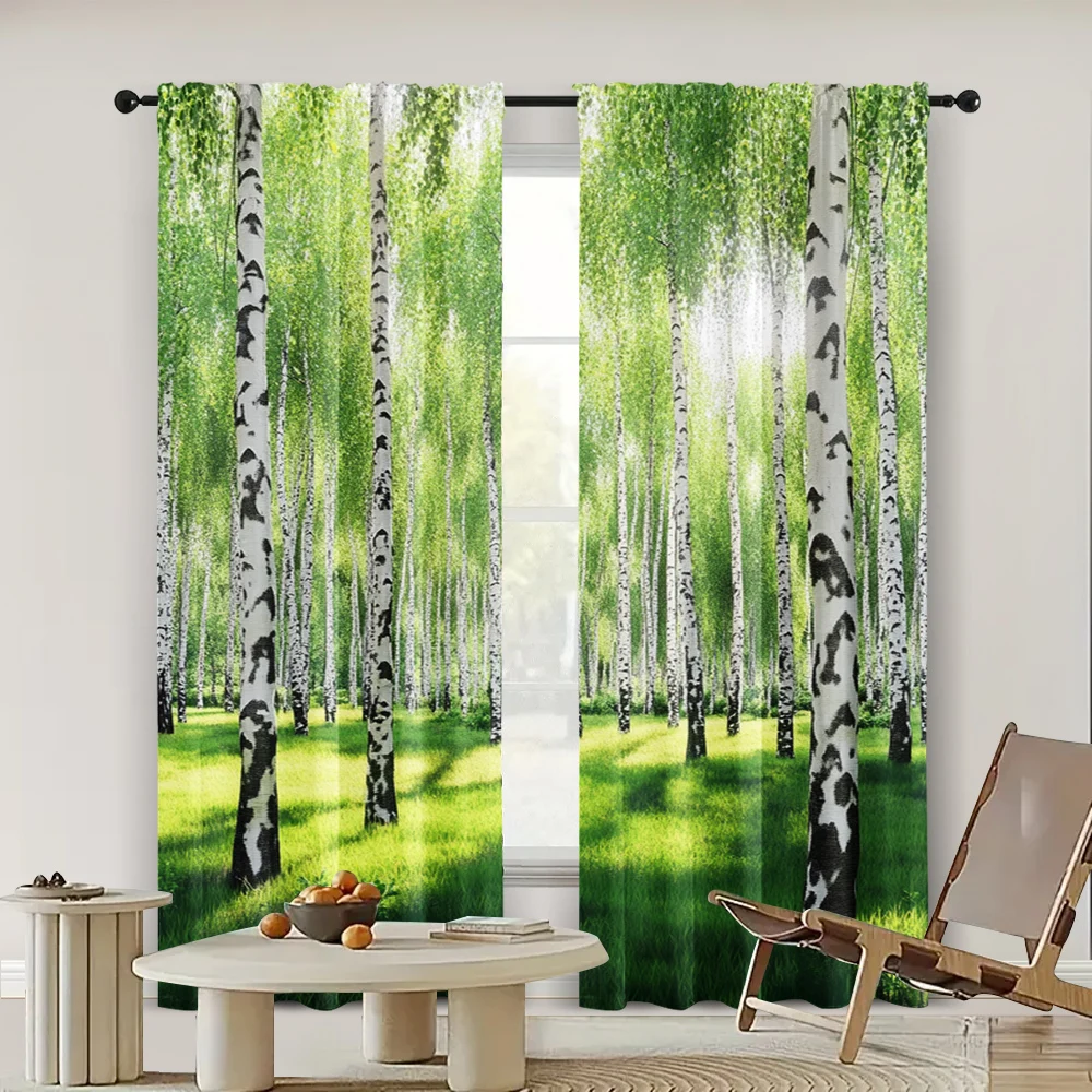 2pc,  Curtain curtainGreen birch forest meadow 100% Polyester,Without Electricity Festive Wall Decor Suitable for Holiday Decor