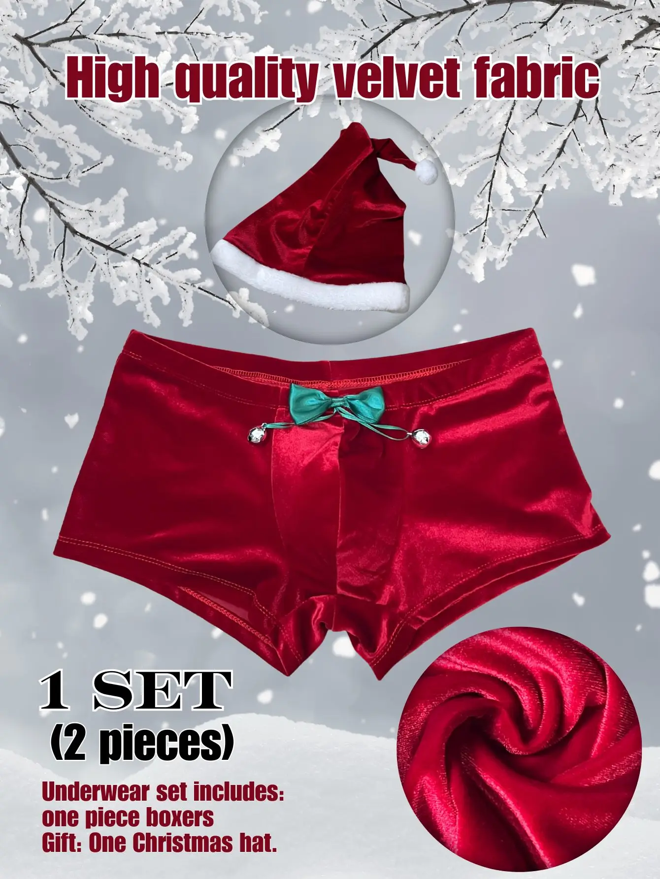 【 Free Christmas Hat 】 Men's 1 Piece High-Quality Velvet Christmas Sexy Underwear, Bow Bell Christmas Underwear