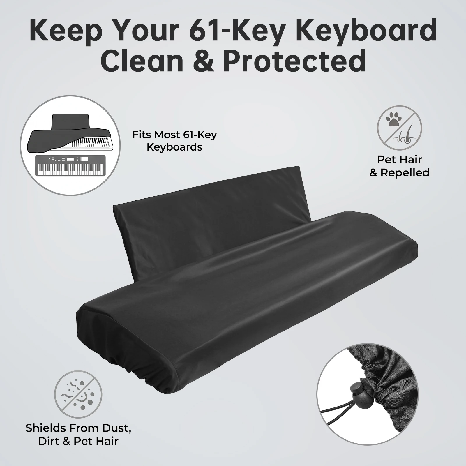 

61 Keys Piano Cover - Waterproof Dustproof Keyboard Protector with Music Stand Zipper/Adjustable Drawstring, Soft Spandex Fabric