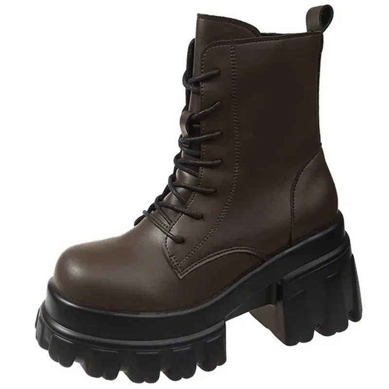 

9cm Elegant Wedge Thick Sole Winter Boots for Women 2024 Autumn and Winter New Style Lace-up Thick Heel Casual Short Boots